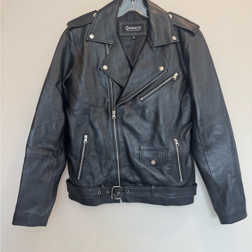 Men's Black Leather Biker Jacket, Size M